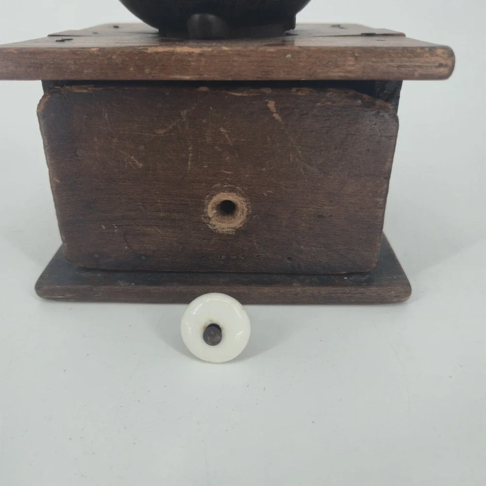 Antique Wooden Coffee Grinder Cast Iron Hand Crank Mill Porcelain Knob Vintage